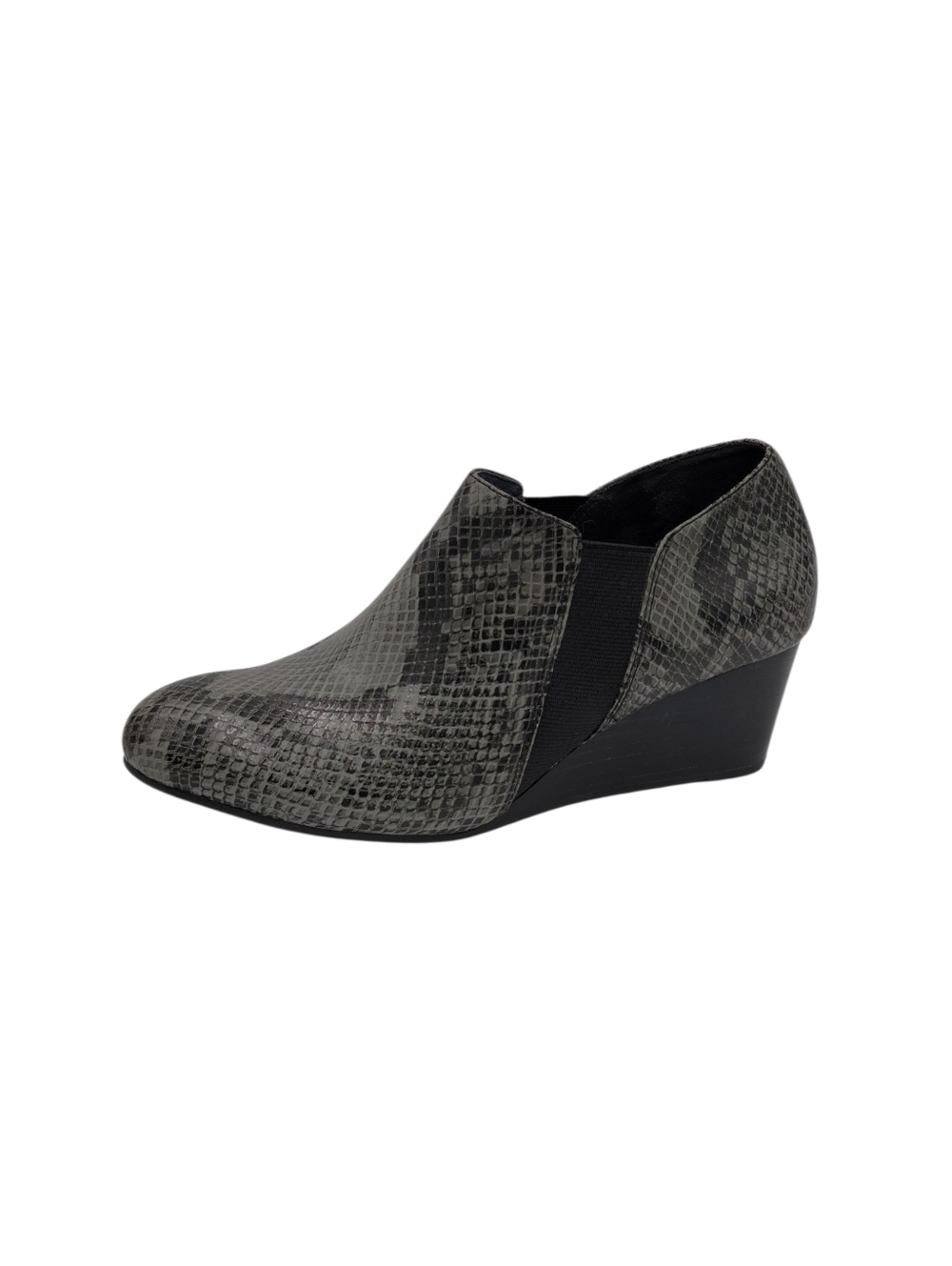 Vionic Stanton Wedge Bootie Size 7.5 Gray Black Leather Faux Snakeskin Print